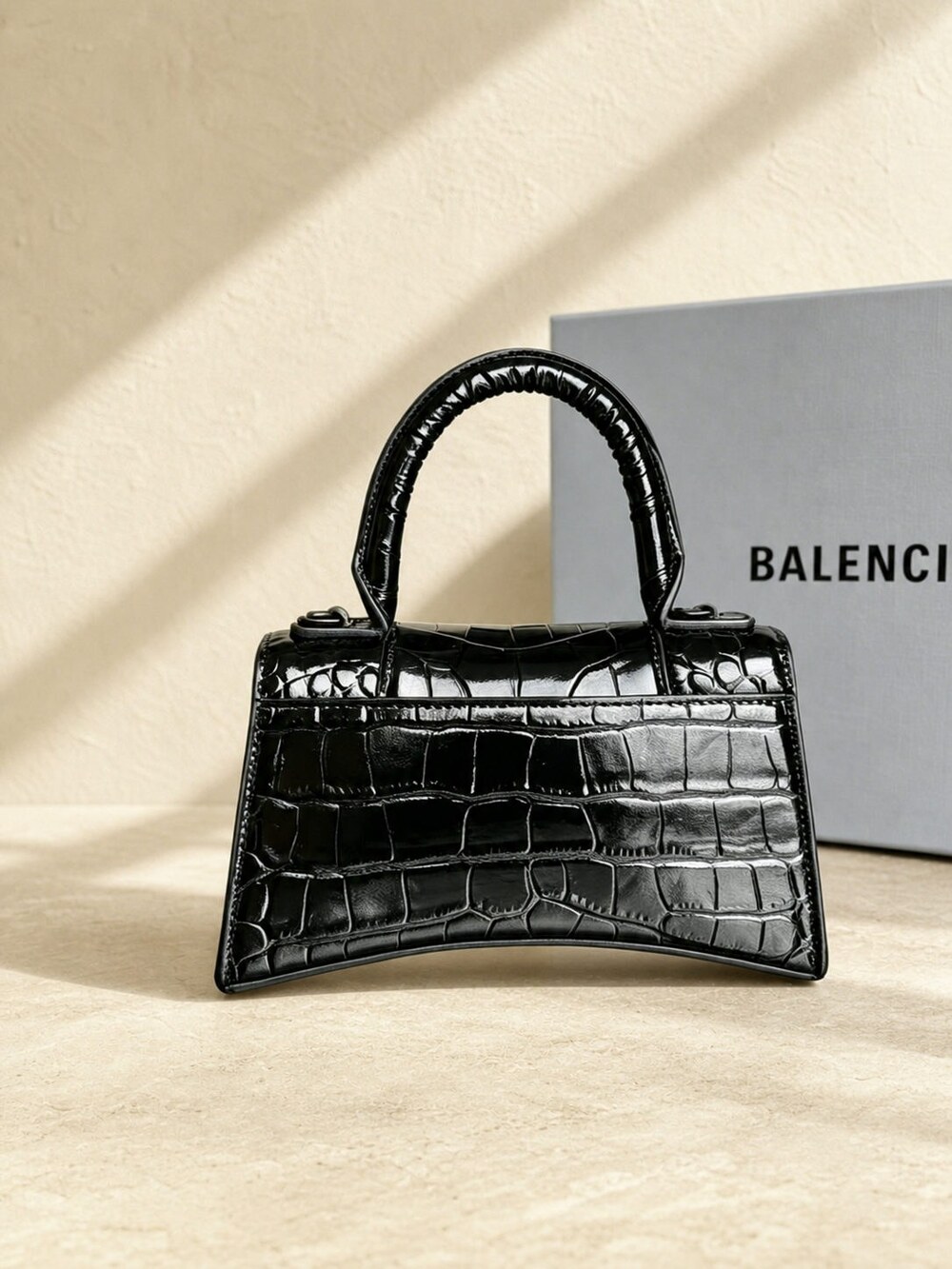 Balenciaga Black Croc Embossed Hourglass Handbag - Picture 3 of 6